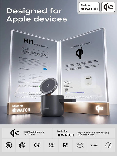 Qi2 Magnetic Wireless Charging Hub showing MFi certification and Apple Watch compatibility for iPhone 17 through 12 series.