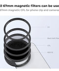 Clip On 67mm Variable ND2 32 Magnetic Phone Lens Filter Kit with Magnetic Clip, stack of 67mm filters including UV and CPL