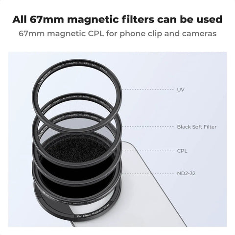 Clip On 67mm Variable ND2 32 Magnetic Phone Lens Filter Kit with Magnetic Clip, stack of 67mm filters including UV and CPL