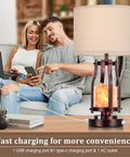 2 In 1 Farmhouse Table Lamp With Himalayan Salt Night Light featuring USB A C Ports and AC Outlet on a living room table