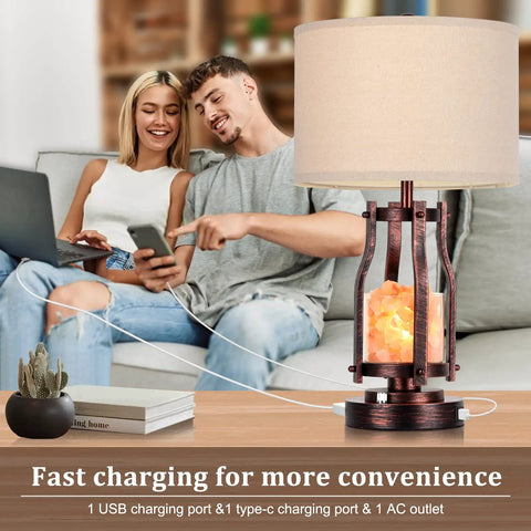 2 In 1 Farmhouse Table Lamp With Himalayan Salt Night Light featuring USB A C Ports and AC Outlet on a living room table