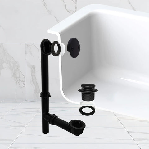 Matte Black Tubular Bathtub Waste And Overflow Kit With Tip Toe Drain Plug assembled on white bathtub