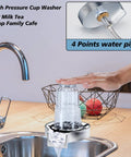 Glass Rinser For Sink Attachment, Uber Fast Cup Washer shown rinsing a glass in a kitchen sink with automatic water flush device