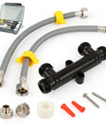 WP596816 brass sensor valve with black coating for hot water recirculation; includes two 12-inch braided lines and fittings.