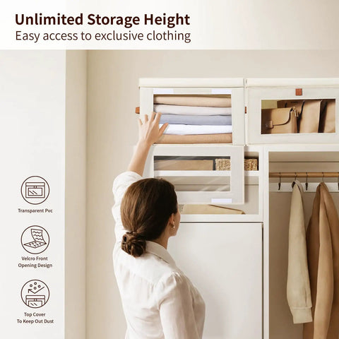 Top Shelf Front Access Storage Bins Heavy Duty Fabric Organizers With Clear View Window And Grip Handles Foldable Closet Boxes For No Sweat Clothing Upkeep College Dorm Setup 2 Pack Beige