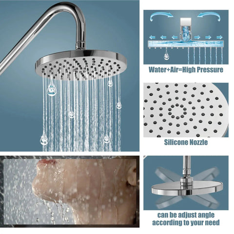 Retrofit Shower System With 6 Function Handheld Sprayer And 8 Inch Rain Shower Head, curved polished chrome arm