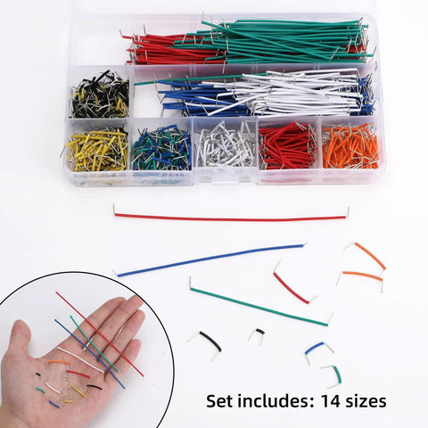 840 Piece Breadboard Jumper Wire Kit With 14 Sizes From 2mm To 125mm Solderless Flexible Cables For PCB Prototyping And Circuit Building Includes Tweezers Perfect For DIY Electronics Builds with different colored wires in a case