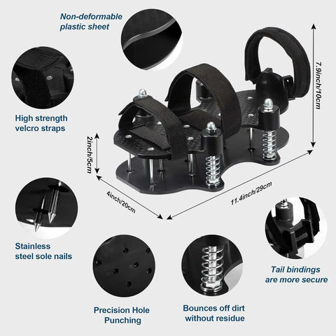 Spring Base Lawn Aerator Shoes With Dual Layer Spiked Bottom And Adjustable Straps Easy Walk Scarifier For Garden Yard And Lawn Care Clears Leaves And Dirt As You Stride No Sweat Comfort Fit, with dimensions labeled and detailed parts shown.