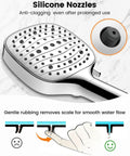 Close-up of high pressure handheld shower head with filter, showing silicone, anti clog nozzles and diagram for easy cleaning.
