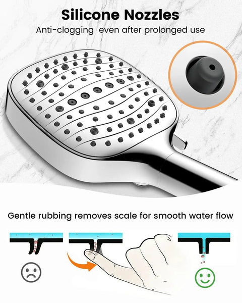 Close-up of high pressure handheld shower head with filter, showing silicone, anti clog nozzles and diagram for easy cleaning.