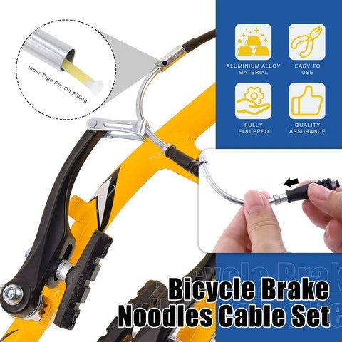All In One Bike Brake Cable Housing Kit With 73 Pieces Including Brake Cables Noodles Cable Guides Hose Shifter Cables And Cable Cutter For Road And Mountain Bikes Pro Grade Cycling Maintenance Set showing noodle installation on yellow bike