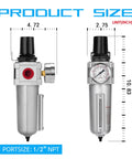 Side and front view of Industrial Grade Heavy Duty Particulate Filter and Air Regulator with Metal Bowl, 3/4 inch NPT size dimensions