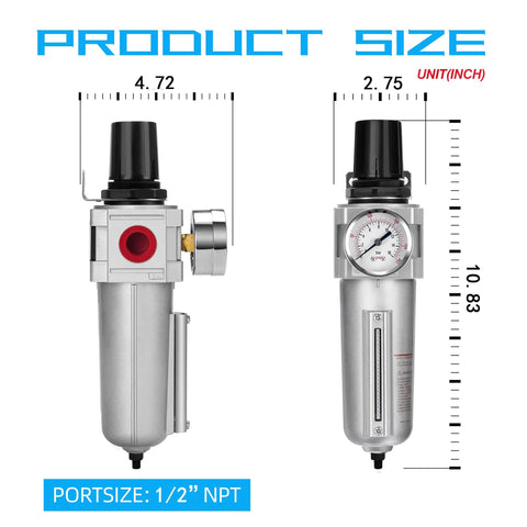 Side and front view of Industrial Grade Heavy Duty Particulate Filter and Air Regulator with Metal Bowl, 3/4 inch NPT size dimensions
