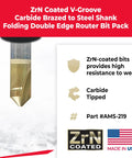 Snag These Heavy Duty Zirconium Nitride Coated Carbide V Groove Router Bits Perfect For Cutting ACM Panels And Aluminum Sheets With Precise 90 108 135 Degree Angles And A Rock Solid One Half Inch Shank, showing ZrN coated carbide double edge router bit.