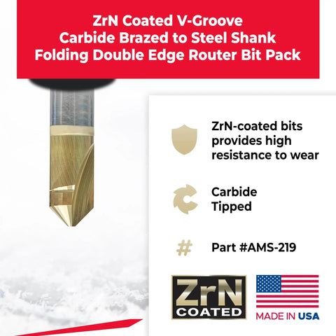 Snag These Heavy Duty Zirconium Nitride Coated Carbide V Groove Router Bits Perfect For Cutting ACM Panels And Aluminum Sheets With Precise 90 108 135 Degree Angles And A Rock Solid One Half Inch Shank, showing ZrN coated carbide double edge router bit.