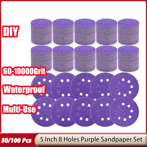 Super Smooth 5 Inch Sanding Discs With 8 Hook And Loop Holes Set Of 50 Pieces premium aluminum oxide, featuring a purple, multi-use grit range from 60 to 10000.
