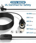 Top Notch Black Pendant Light Cord 10 FT with E26 E27 Bulb Socket and Right Angle Plug, showing flat wire and handy switch.