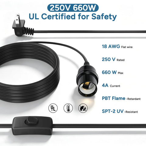 Top Notch Black Pendant Light Cord 10 FT with E26 E27 Bulb Socket and Right Angle Plug, showing flat wire and handy switch.