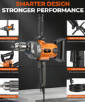 Corded 20 Amp Mixing Drill With Five Eighth Inch All Metal Chuck 1100 RPM Heavy Duty Concrete Mixer For Cement Mortar Grout Plaster Paint 360 Degree D Handle For Easy No Fuss Mixing, shown with features.