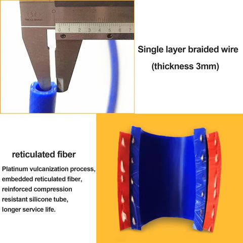 Cross-section of reinforced silicone vacuum heater hose with 3mm braided wire and reticulated fiber for strength and durability.