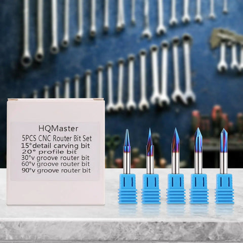 Top Shelf 5 Piece Cnc Router Bits Set For Wood Carving Uses Slick Quarter Inch Shank with multiple angle profiles.