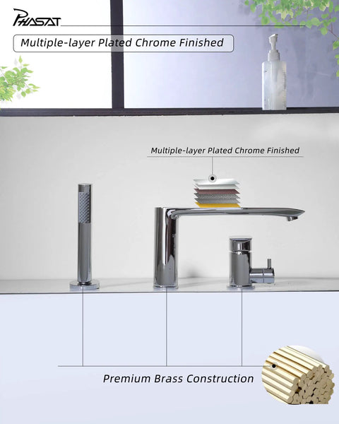 Bathtub Filler With Handheld Shower And Waterfall Spout, 3 Hole Widespread Deck Mounted Roman Tub Faucet Set In Chrome shown