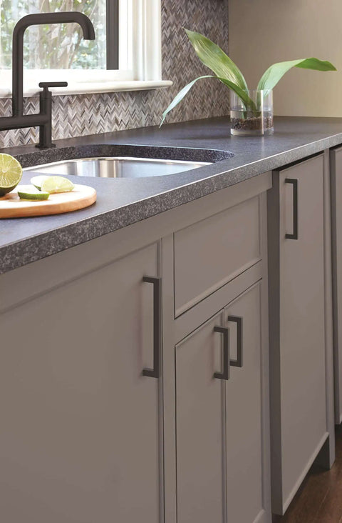 Slick Matte Black Cabinet Pull With Clean Contemporary Lines And Smooth Finish Rocking A Precise Six Inch Center Spread on kitchen cabinets.
