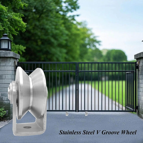 Beefy Heavy Duty V Groove Wheel Pulley For Doors And Sliding Gates with stainless steel bracket, front view