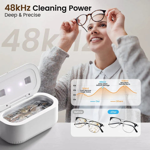 Woman holding glasses near Heavy Duty Ultrasonic Jewelry Cleaner With 30W Output And 48KHz Waves To Crush Embedded Grime, showing clean results.