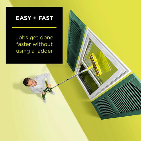 Man using Telescoping Extension Pole 7 To 30 Ft Reach For Window Cleaning Gutter Cleaning Light Bulb Changes Painting No Ladder Needed Heavy Duty Multi Use Pole Built For Safe Ground Level Reach for window cleaning.