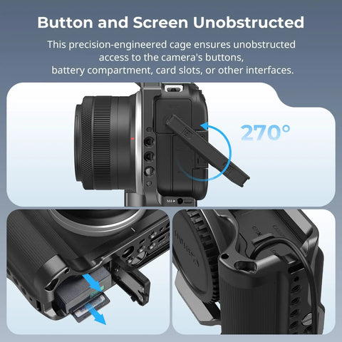 Camera Cage For Canon R50 V With Built In Ergonomic Silicone Grip and unobstructed access to buttons and interfaces.