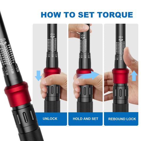 3/8 Inch Drive Click Torque Wrench Dual Direction Adjustable 5-45 Ft-Lb / 6.8-61 Nm instructions on setting torque.