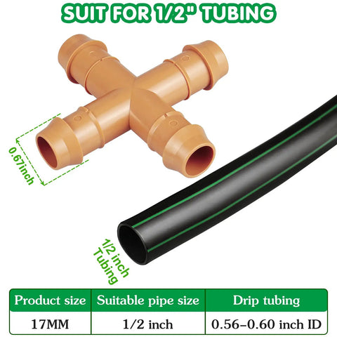 12 Pack 1/2 Inch Drip Irrigation Cross Connectors Four Way Tee Barbed Hose Fittings for 1/2 Inch Tubing with tube compatibility