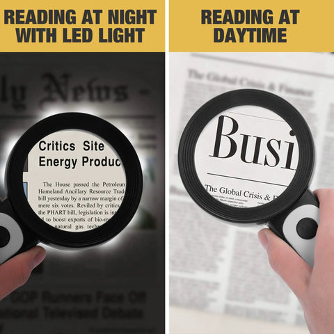 Handheld Magnifying Glass With Light 18 LED Light Three Modes Ultra Bright for reading newspapers at night and daytime.