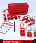 Red Lockout Tagout Kit For Electrical Safety With Group Lockout Hasps Circuit Breaker Lockouts Safety Padlocks Tags Nylon Ties and Pocket Bag