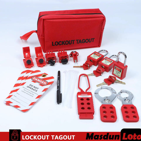 Red Lockout Tagout Kit For Electrical Safety With Group Lockout Hasps Circuit Breaker Lockouts Safety Padlocks Tags Nylon Ties and Pocket Bag