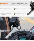 Shimano Dura Ace FD-R9250 front derailleur on road bike chainring, highlighting less windward area, air resistance, and speed change.