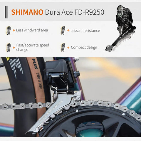 Shimano Dura Ace FD-R9250 front derailleur on road bike chainring, highlighting less windward area, air resistance, and speed change.