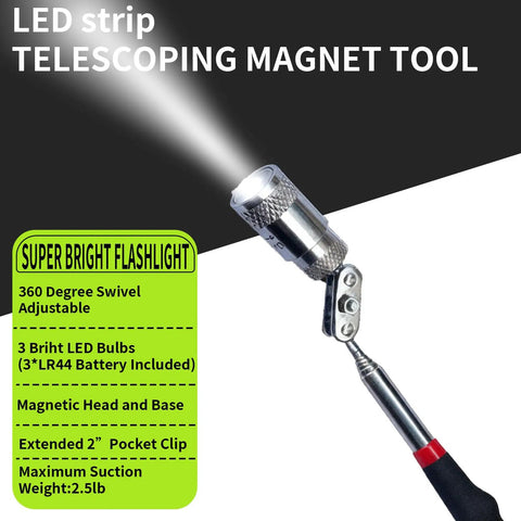 Magnetic Telescoping Pickup Tool Set With LED Lights showing extended magnetic head and swivel mechanism