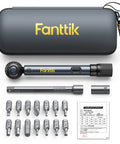 Mini Click Torque Wrench Set For Bikes With 1/4 Inch Drive, 2-10 Nm Range, 14 bits, wrench, and case displayed.
