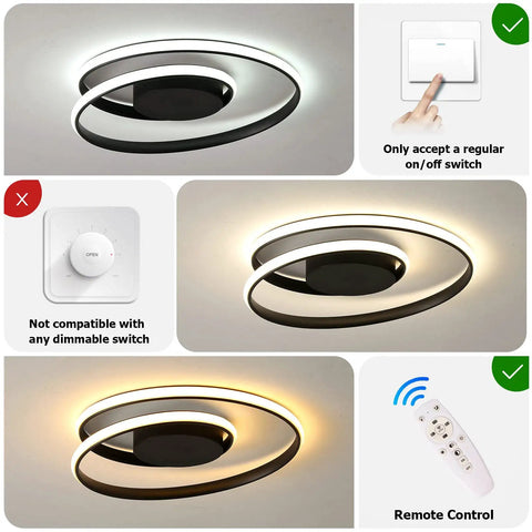Sleek Modern Black Spiral Ceiling Light Round Flush Mount LED Fixture With Remote Control Dimmable Energy Saving 47W 17 Inch Circle for various switch compatibilities.