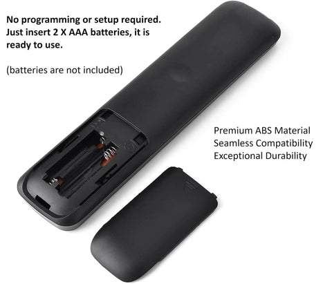 Back view of Universal Remote For All 4K UHD Android Smart TVs That Use LED ULED Tech Easy Plug And Play Out Of The Box Setup No Programming Needed Compatible With Most 4K LED HDTVs Not For Fire TV Or Roku showing battery compartment open.