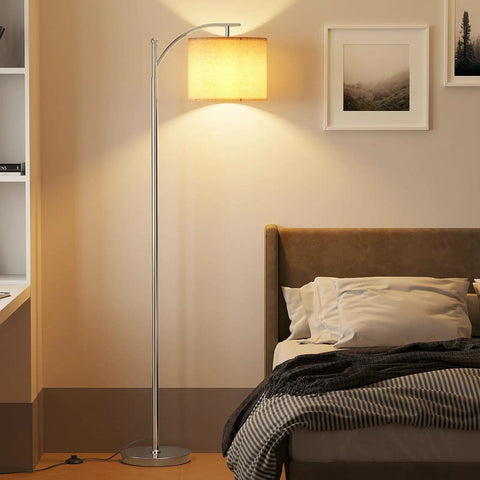 Arc Floor Lamp With Remote Control And Stepless Dimming, 9W Bulb, Adjustable Color Temperature, bed and paintings in bedroom