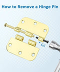 Heavy Duty 3.5 Inch Brass Door Hinges With Brushed Golden Finish and Set Of Three Solid Interior Exterior Hardware Pieces Delivering Buttery Smooth Swing Plus Knockout Style For Any Real Deal Home Upgrade Job Today instruction showing hinge pin removal with nail and hammer.