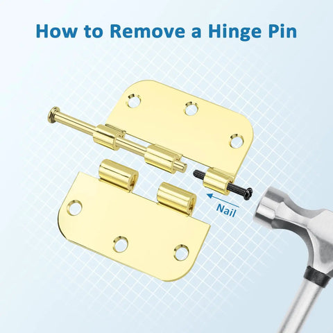 Heavy Duty 3.5 Inch Brass Door Hinges With Brushed Golden Finish and Set Of Three Solid Interior Exterior Hardware Pieces Delivering Buttery Smooth Swing Plus Knockout Style For Any Real Deal Home Upgrade Job Today instruction showing hinge pin removal with nail and hammer.