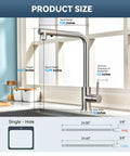Dimensions of KOOTTI Tall Stainless Steel Kitchen Faucet with Pull Out Sprayer, showcasing height, reach, and installation details.