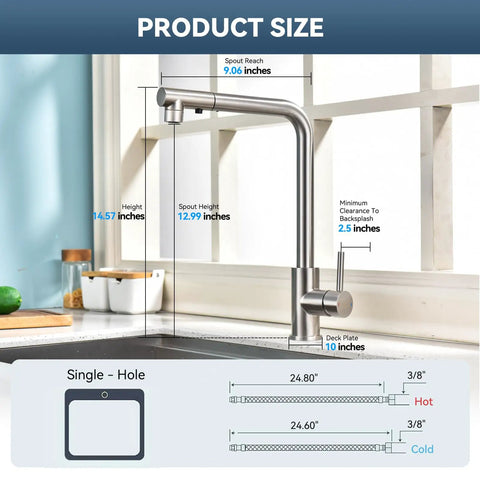 Dimensions of KOOTTI Tall Stainless Steel Kitchen Faucet with Pull Out Sprayer, showcasing height, reach, and installation details.