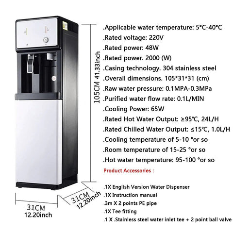 Hospital Grade Freestanding Water Dispenser With Hot Cold And Room Temp Settings Direct Plumbing Hookup For Automatic Refill Zero Plastic Baggage Spotless Clinic Hygiene Quick Setup Always Ready To Roll, dimensions 105x31x31 cm.