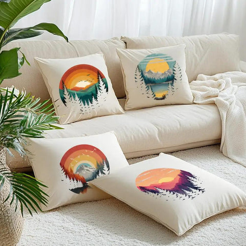 Cushions with Dope Retro Mountain Iron On Patches Set 4 Colorful Forest Themed Heat Transfer Stickers on sofa