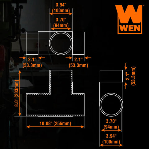 Diagram of 4 Inch T Fitting Dust Hose Splitter For Dust Collection Systems Dual Outlet with measurements, ABS material, dark background.